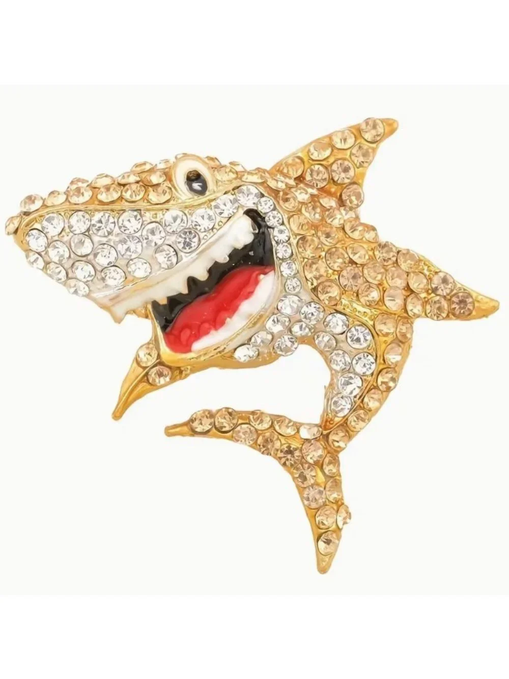 Brooch Yellow Crystal Shark Week Fun Gold Tone